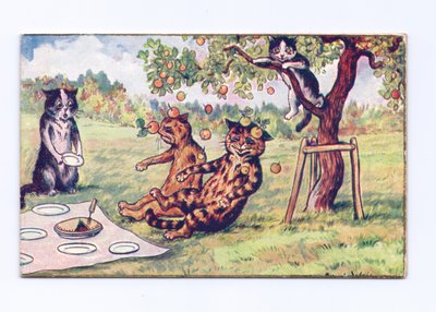 Victoriaanse wenskaart van appels die op twee katten vallen tijdens een picknick, ca. 1880 door Louis Wain