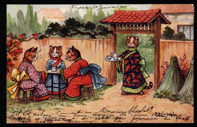 Dieren in menselijke houding. Kat in kimono drinkt thee in een Japanse tuin. Ansichtkaart. Chromolithografie van Louis Wain (1860-1939), Engelse kunstenaar bekend om zijn weergave van katten met grote ogen. Begin 20e eeuw. Collectie pr door Louis Wain