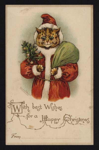 Kat als Kerstman, kerstgroetkaart door Louis Wain