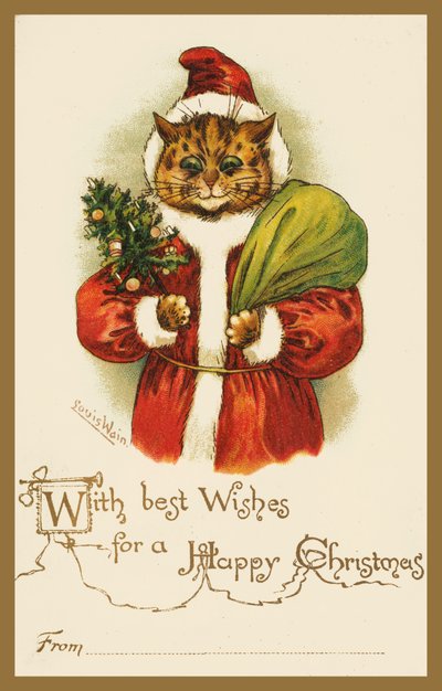 Kat in een kerstman kostuum door Louis Wain