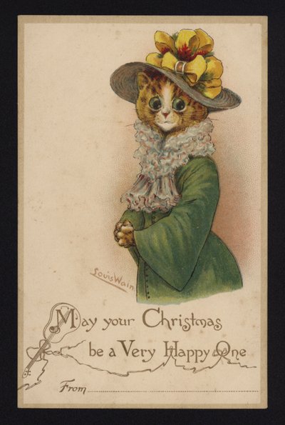 Kat met een dameshoed en jas, kerstgroetkaart door Louis Wain
