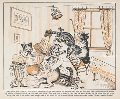 Katten spelen met dozen in een kamer door Louis Wain