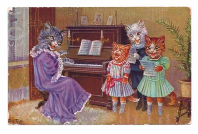 Edwardiaanse ansichtkaart van vier katten in menselijke kleding rond een piano die een lied zingen, ca. 1910 door Louis Wain