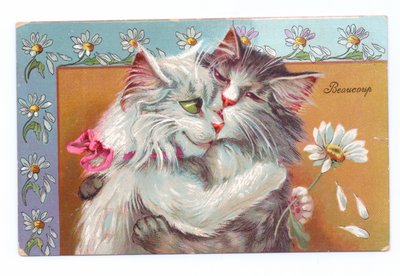 Edwardiaanse ansichtkaart van twee katten die elkaar omhelzen, ca. 1910 door Louis Wain