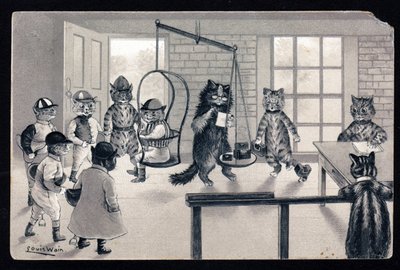 Wij genieten van het mooie weer. Dieren in menselijke houding. Kat als jockey die op een weegschaal wordt gewogen. Ansichtkaart. Chromolithografie van Louis Wain (1860-1939), Engelse kunstenaar bekend om zijn weergave van katten met grote ogen. Begin 20e door Louis Wain