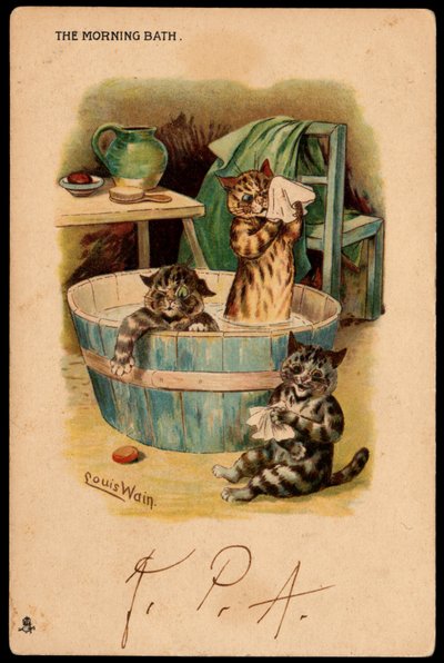 Het ochtendbad. Dieren in menselijke houding. Katten nemen een bad in een teil. Ansichtkaart. Chromolithografie van Louis Wain (1860-1939), Engelse kunstenaar bekend om zijn weergave van katten met grote ogen. Begin 20e eeuw. Collectie door Louis Wain