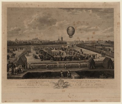 De ballon van Jean-Pierre Blanchard stijgt op vanuit Lille op 26 augustus 1785 door Louis Watteau