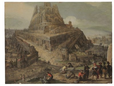 Koning Nimrod beveelt de bouw van de Toren van Babel door Louis de (circle of) Caullery