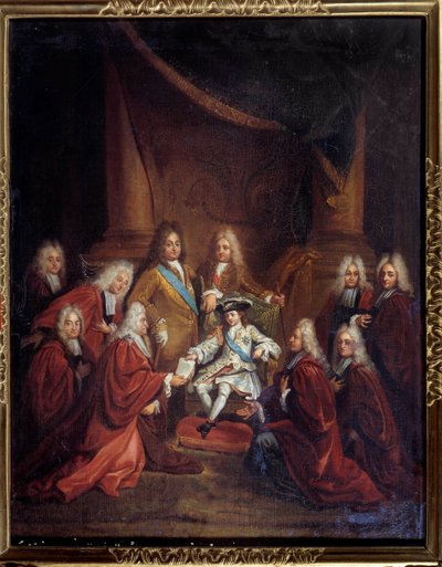 Koning Lodewijk XV als kind verleent brieven van adel aan het stadsbestuur in 1716 door Louis de Boullogne