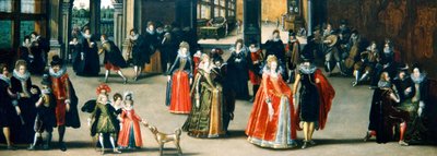 Elegante figuren dansen in een interieur door Louis de Caullery