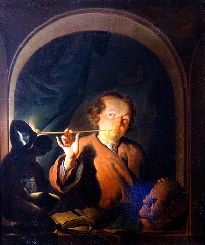 Een Man die een Pijp Aansteken bij een Venster door Louis de Moni