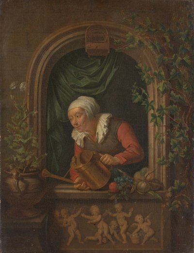 Vrouw die een plant water geeft door Louis de Moni