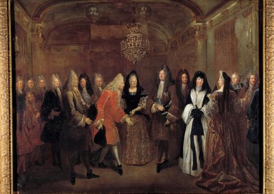 Koning Lodewijk XIV (1638-1715) ontvangt prins Frederik Augustus van Saksen van Elizabeth Charlotte d