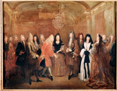 Koning van Frankrijk Lodewijk XIV ontvangt prins Frederik Augustus I in het kasteel van Fontainebleau door Louis de Silvestre