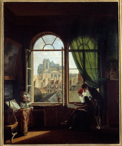 Kunstenaar interieur met uitzicht op de gevel van de Saint Eustache kerk in Parijs door Louise Adeone Drolling