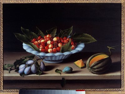 Kom met kersen, pruimen en meloen door Louise Moillon