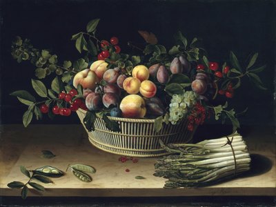 Stilleven met een mand fruit en een bosje asperges, 1630 door Louise Moillon
