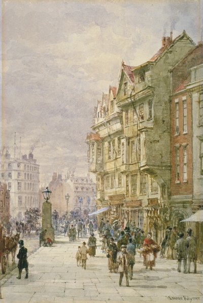 Uitzicht oostwaarts langs Holborn met figuren en paard-en-wagens op straat, Londen door Louise Rayner