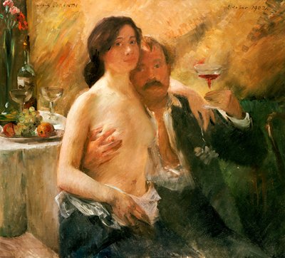 Zelfportret met naakte vrouw en glas door Lovis  Corinth