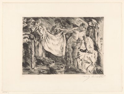 Groep vrouwen, waarvan één naakt en een ander een doek omhooghoudend door Lovis Corinth (signed by artist)