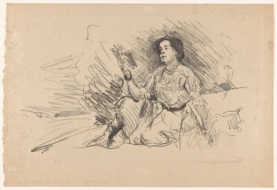 Lezend meisje, zittend op de grond door Lovis Corinth (signed by artist)