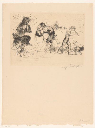 Saters, een nimf, een faun en een toom varkens door Lovis Corinth (signed by artist)