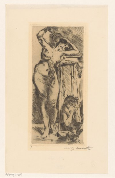 Vrouwelijk naakt met waaier in de hand en rechts van haar een ineengedoken figuur door Lovis Corinth (signed by artist)