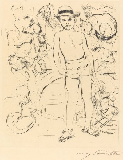Jongen met zwembroek en strohoed door Lovis Corinth