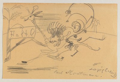 Tekening op bedrukt papier van Corinth aan Strathmann door Lovis Corinth