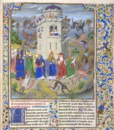 Fort van Geloof Miniatuur van de Heiligen Gregorius, Augustinus, Hiëronymus en Ambrosius vechtend tegen demonen, Laat 15e eeuw door Loyset Liedet