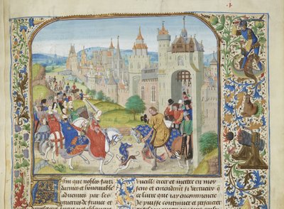 Isabella van Frankrijk verwelkomd door haar broer Karel IV in Parijs door Loyset Liedet