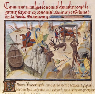 Ms 5072 fol.37v Maugis vecht tegen de slang en wint het betoverde paard, Bayard, uit de Renaud de Montauban-cyclus door Loyset Liedet