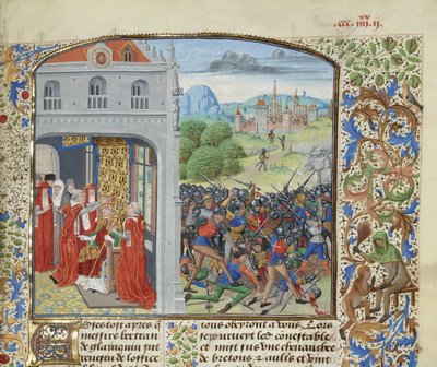 De kroning van paus Gregorius XI en de Slag bij Pontvallain, 1370, ca. 1470-1475 door Loyset Liedet