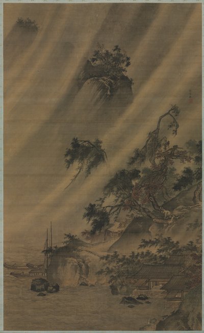 Rivierdorp in een regenstorm, ca. 1480-1507 door Lu Wenying