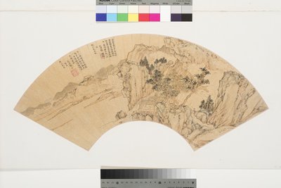 Landschap met meer, bergen en figuren in zomerhuis door Lu Zhi