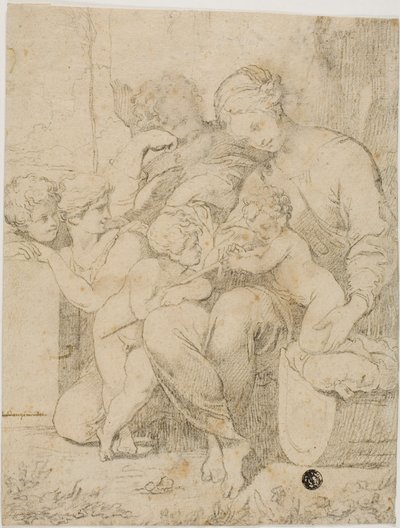 Heilige Familie met het Kind Johannes de Doper en Engelen door Lubin Baugin