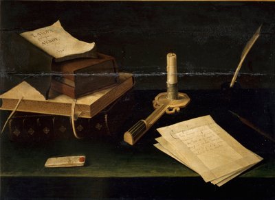 Stilleven van boeken, veer, brief en kaars door Lubin Baugin