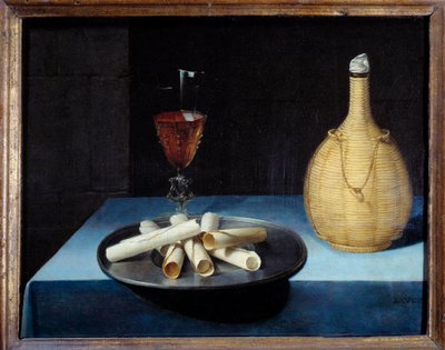 Stilleven met dessert van wafels, wijnfles en glas door Lubin Baugin