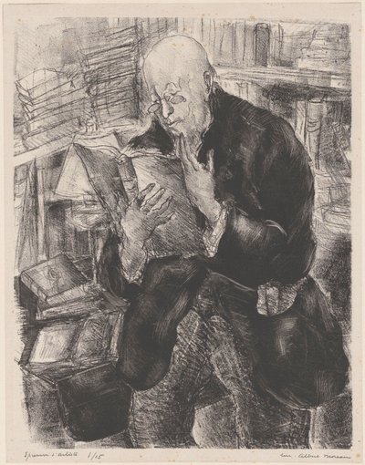Lezende man in een bibliotheek door Luc Albert Moreau (signed by artist)