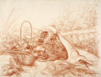 Stilleven met fruitmand en bloemenboeket door Luc Albert Moreau
