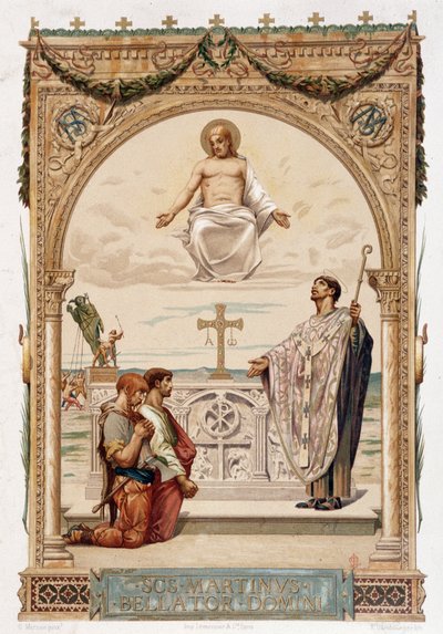 Sint Martinus (Sint Martinus) evangelisator van Gallië onder het oog van Christus - chromo. volgens een schilderij van Merson door Luc Oliver Merson