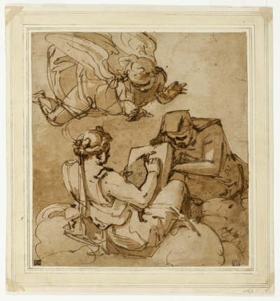 Allegorisch onderwerp (Engel boven twee sibillen) door Luca Cambiaso