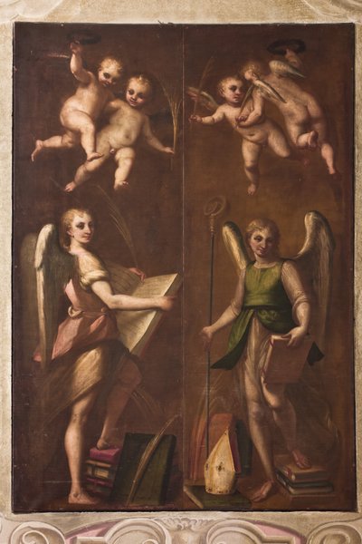 Genua, Duomo (Sint-Laurenskathedraal), sacristie, kapel: "Engelen met bisschoppelijke insignes, boeken en palmtakken" (ca. 1580) door Luca Cambiaso