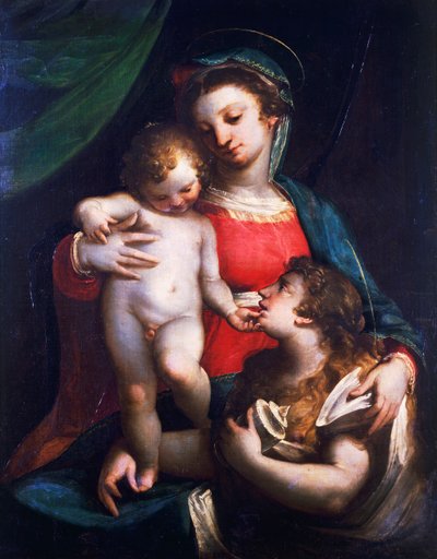 Madonna en Kind met Maria Magdalena door Luca Cambiaso