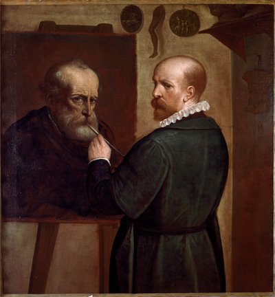 Zelfportret van de kunstenaar die het portret van zijn vader maakt door Luca Cambiaso