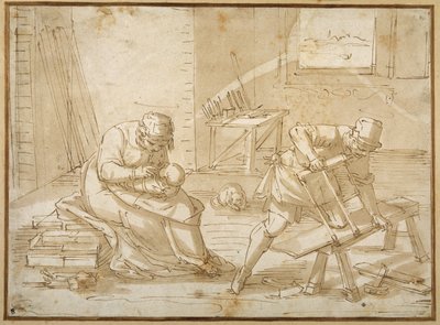 Studie voor de Heilige Familie in de timmerwerkplaats door Luca Cambiaso