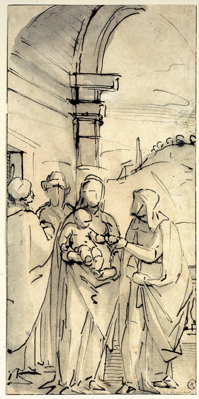 De Heilige Familie met de heiligen Anna en Joachim door Luca Cambiaso