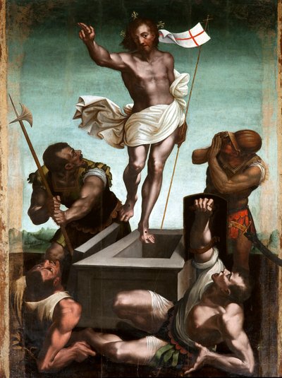 De opstanding Jezus Christus houdt een kruisstok vast waaraan een witte vlag (standaard) met een rood kruis wappert door Luca Cambiaso
