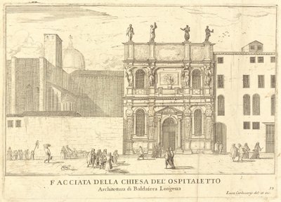 Gevel van de Kerk van het Ospitaletto (plaat 33) door Luca Carlevariis