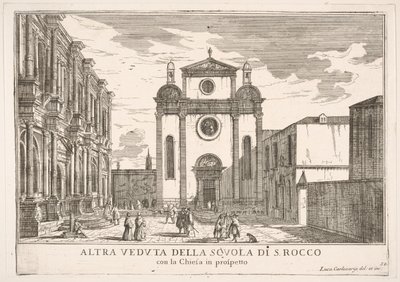 Gezicht op de gevel van de kerk van St. Roch en links de gevel van de school, 1703 door Luca Carlevarijs